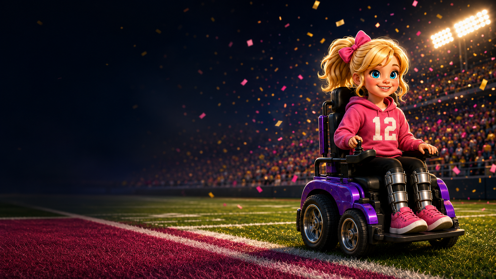 Rylee rolling toward the end zone beneath bright stadium lights and falling confetti