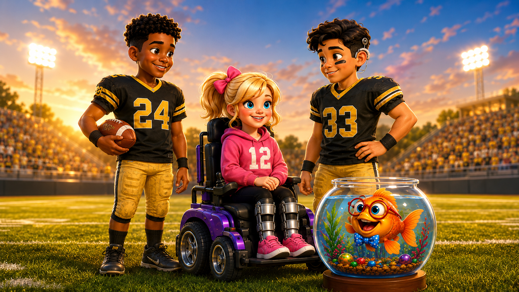 Rylee, Jake, Cameron, and Big Josh together on the Glenview football field